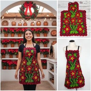 Mexican Embroidered Red Poinsettia Holiday Christmas Black Apron